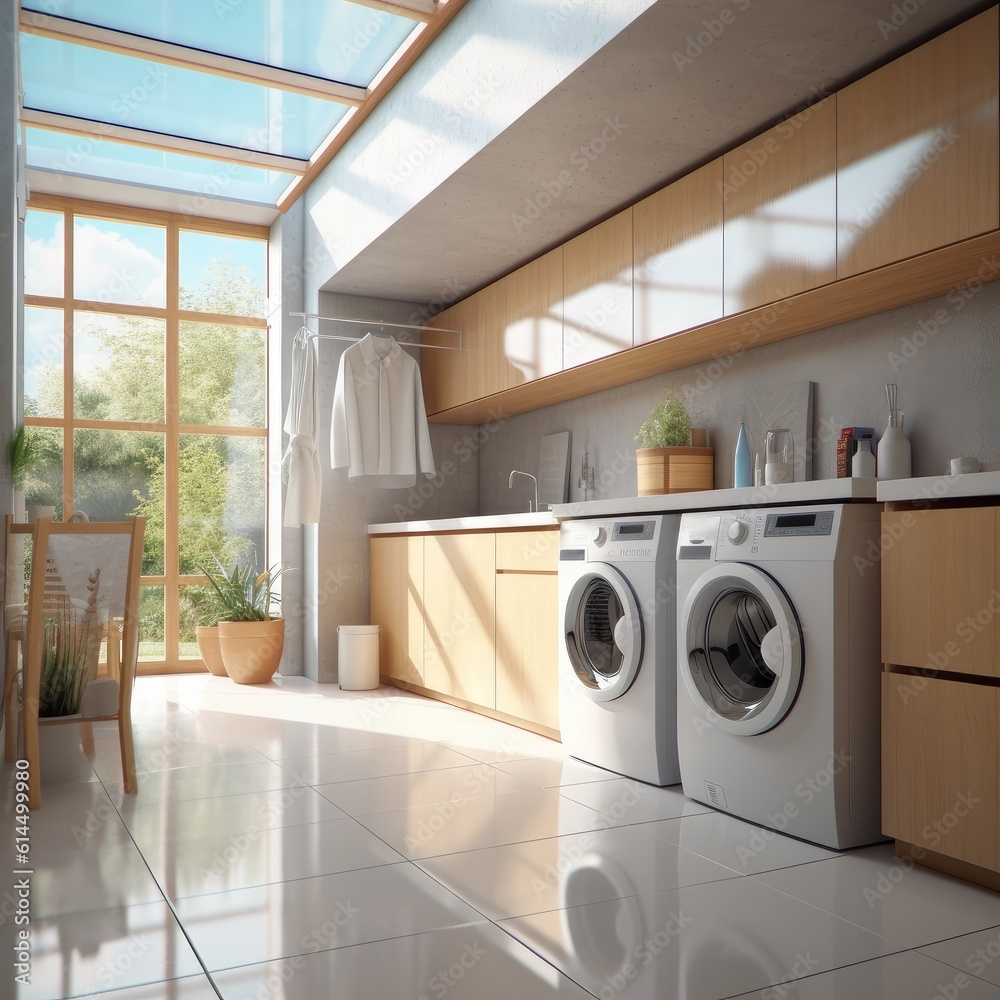 Modern clean laundry room with washing machine and dryer with shelves.