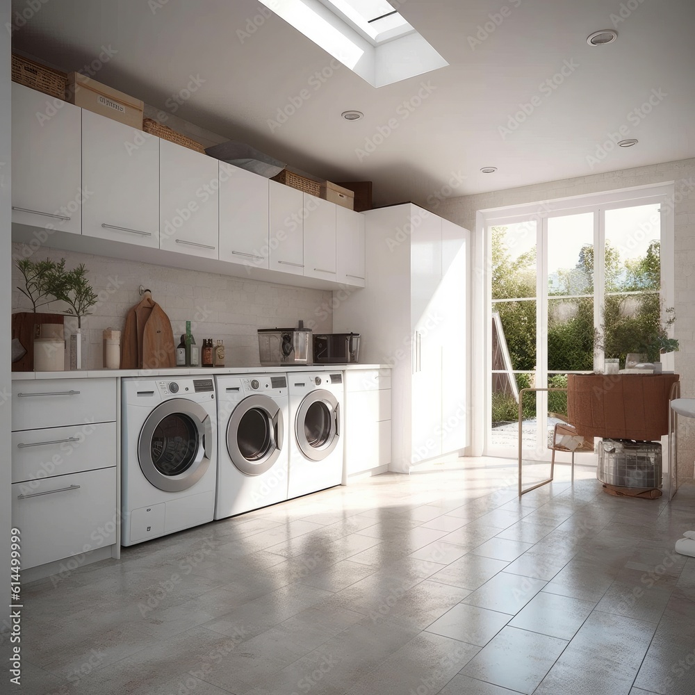 Modern Laundry Room With Washing Machine, Dryer And Cabinets, laundry room interior.