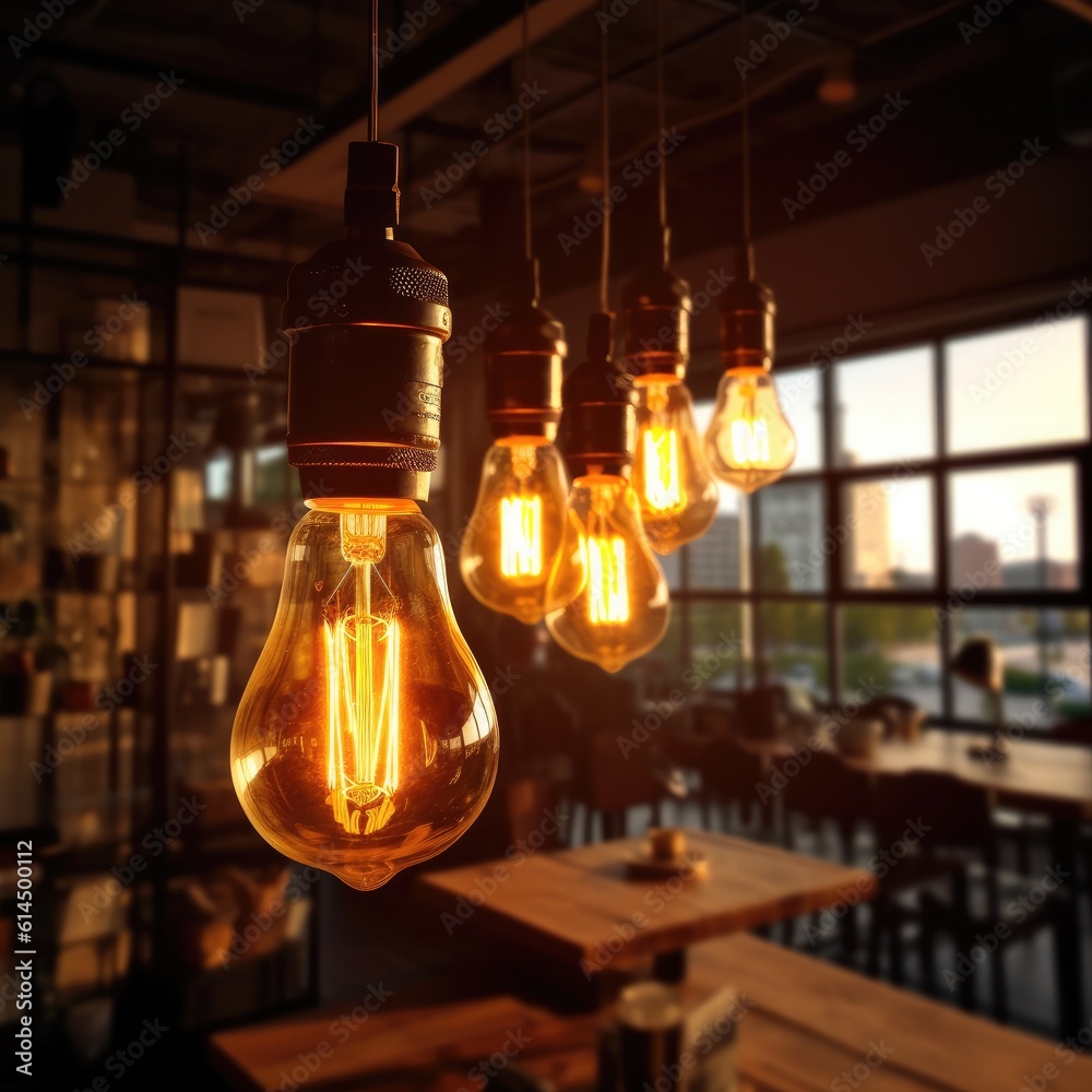 Group of vintage bulbs lights with Loft style lamp in coffee shop, Retro lighting,  Light interior d