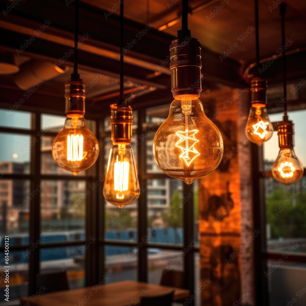 Light bulb in coffee shop background, Classic large warm globe industrial incandescent light bulb de