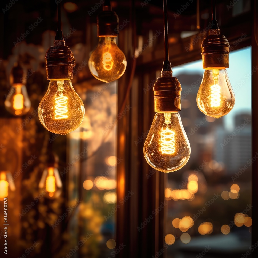 Light bulb in coffee shop background, Classic large warm globe industrial incandescent light bulb de