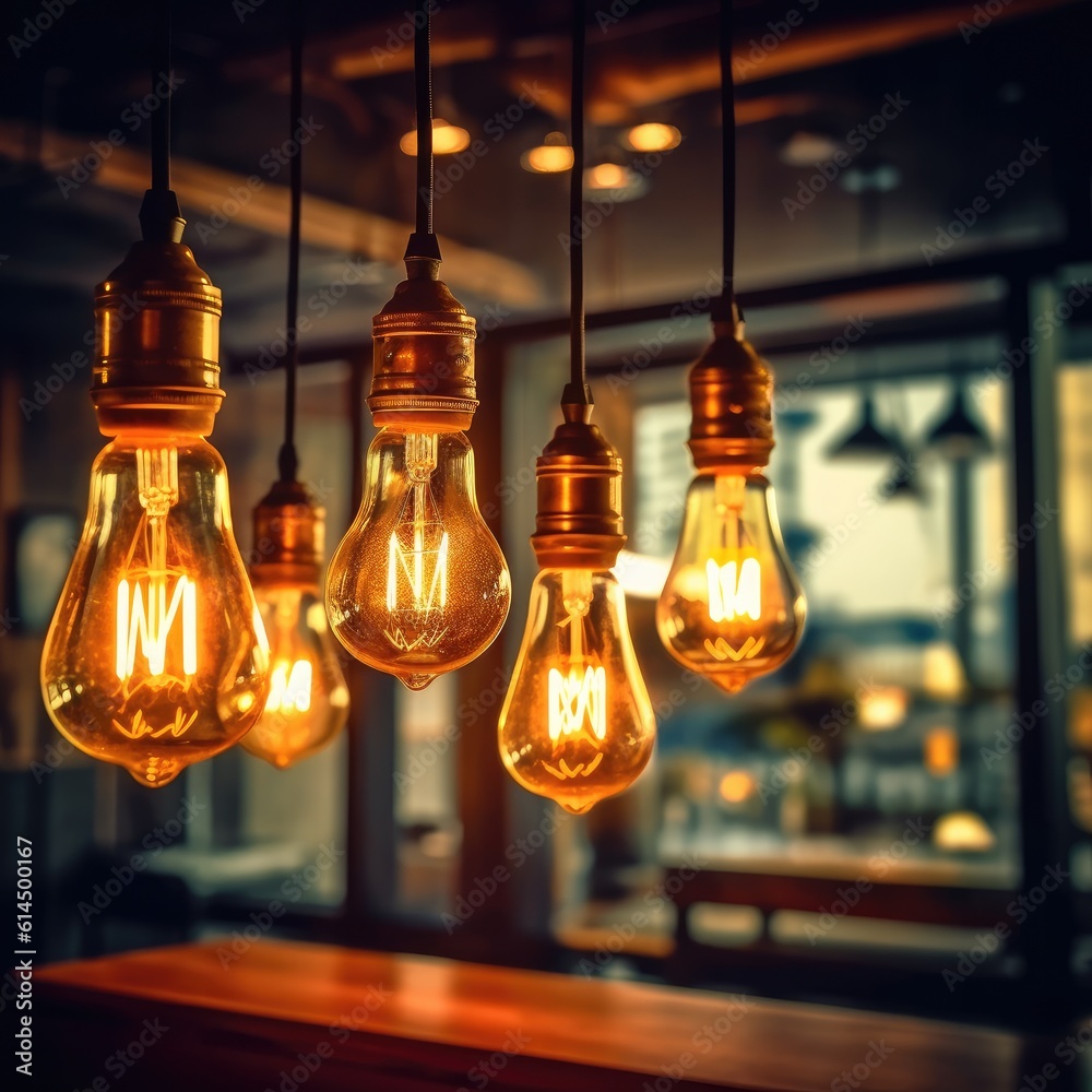 Antique edison style light bulbs in coffee shop background with retro lighting bright.