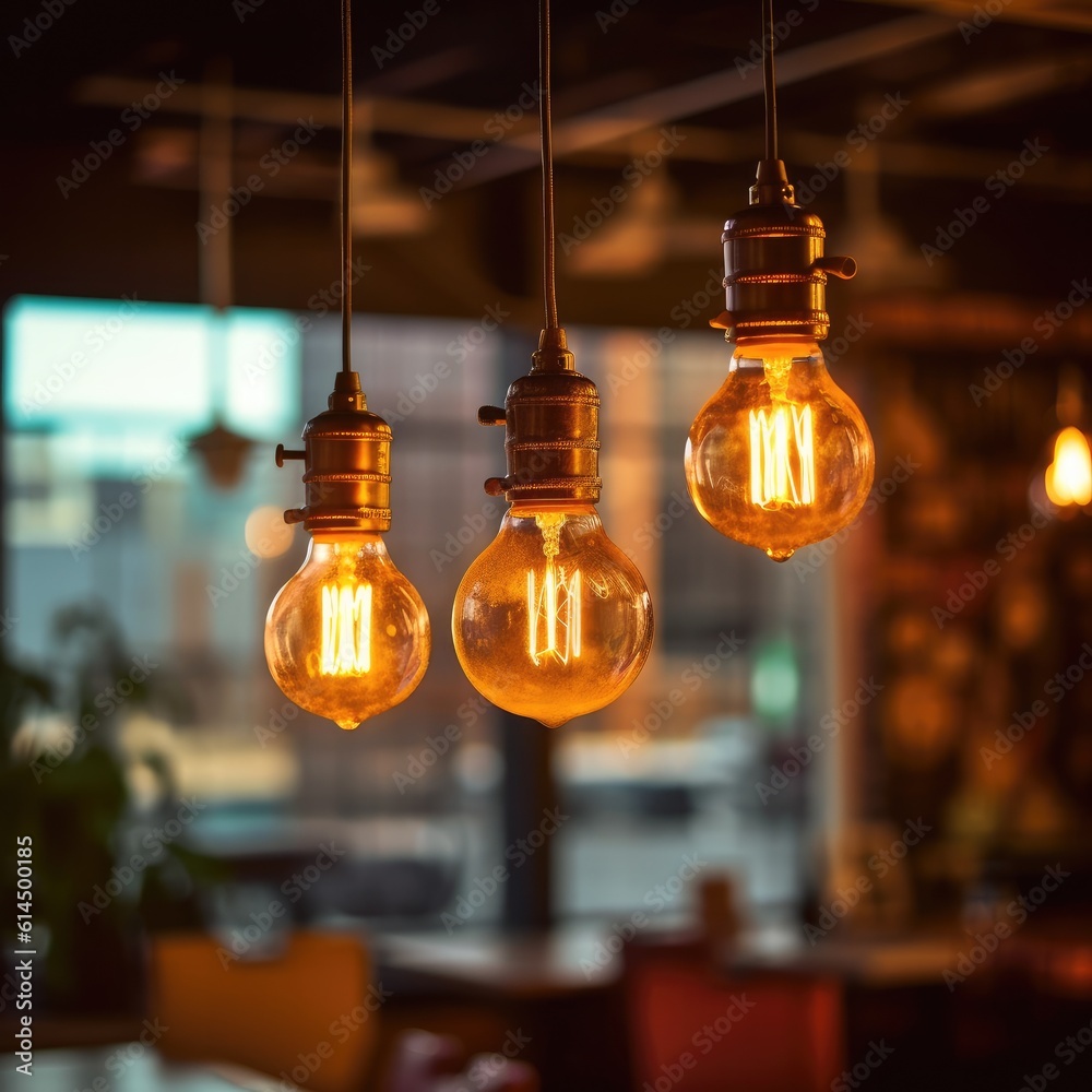 Light bulb in coffee shop background, Classic large warm globe industrial incandescent light bulb de