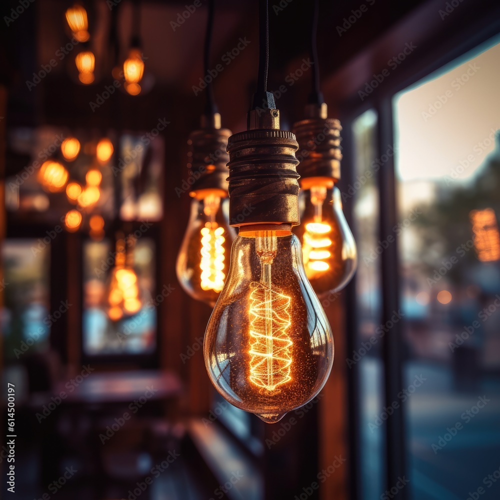 Light bulb in coffee shop background, Classic large warm globe industrial incandescent light bulb de