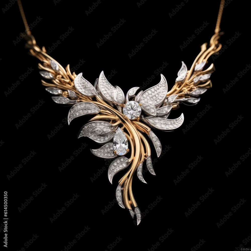 Elegant luxury bridal necklace on dark background, Personal ornaments.