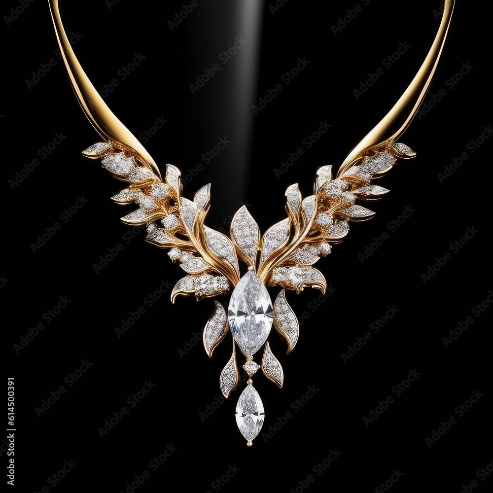 Diamonds necklace shot against a black background, Elegant Diamond Necklace.