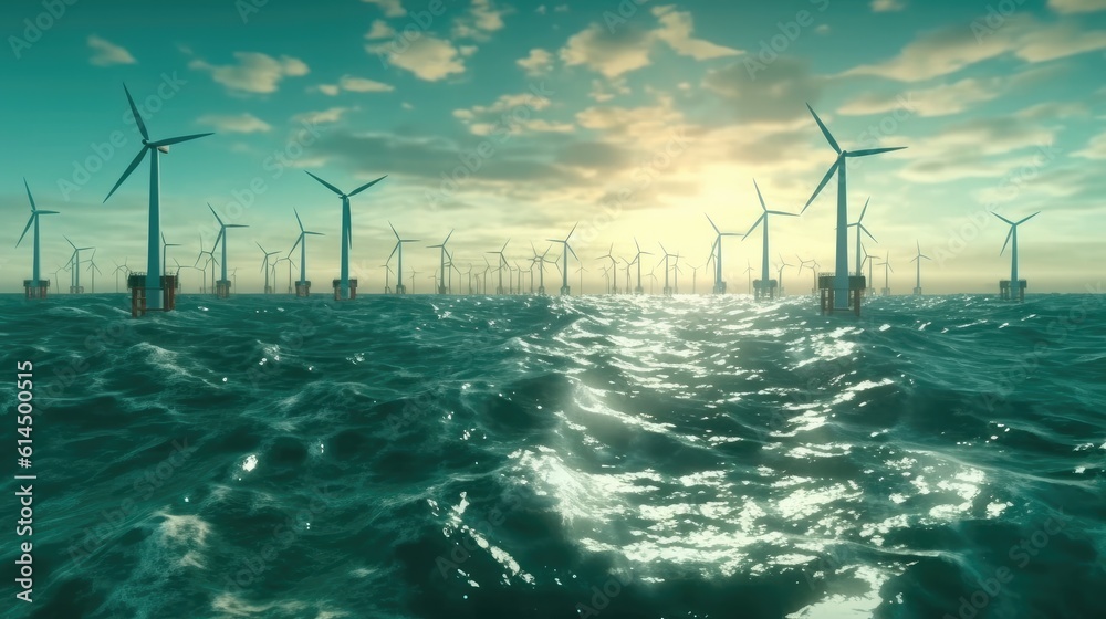 Floating wind turbines installed in sea, Alternative energy source, Concept of renewal energy source