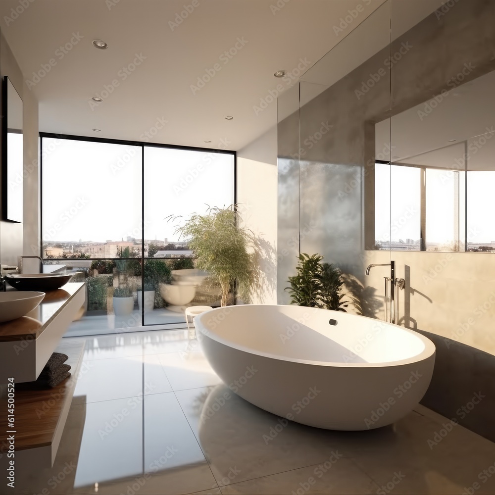 Modern gray bathroom with bathtub, Luxury bathroom interior design.