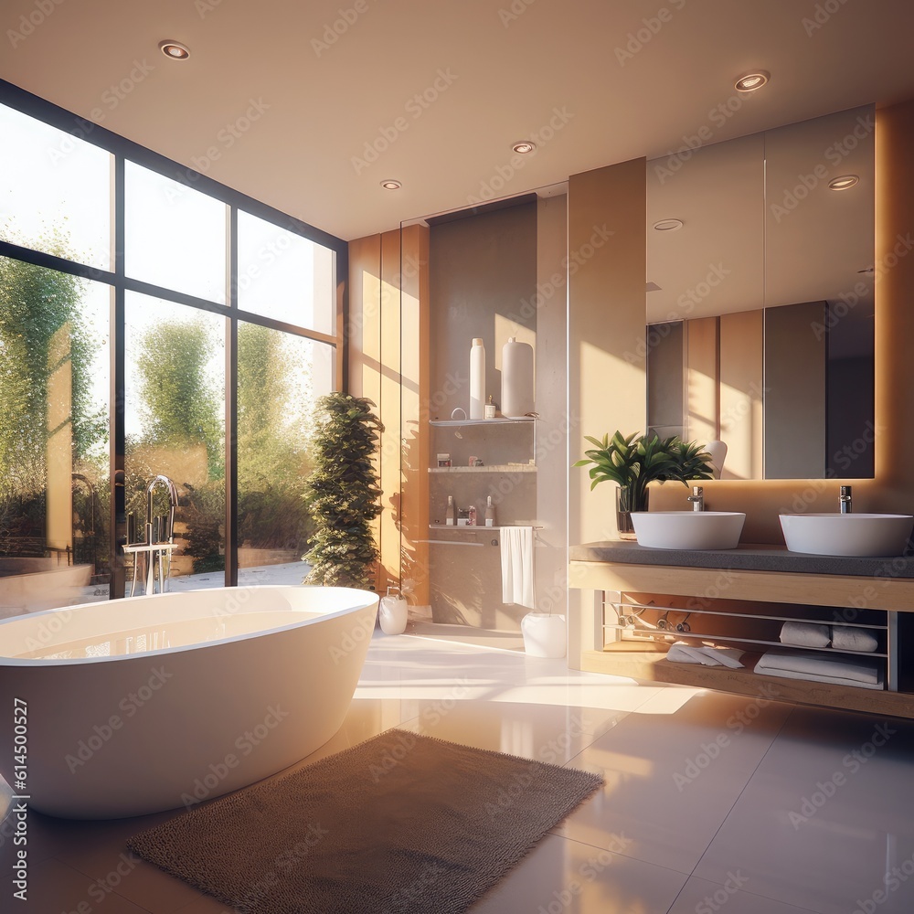 Bathroom with white bathtub and sinks and shower area, Minimalist design of modern bathroom.