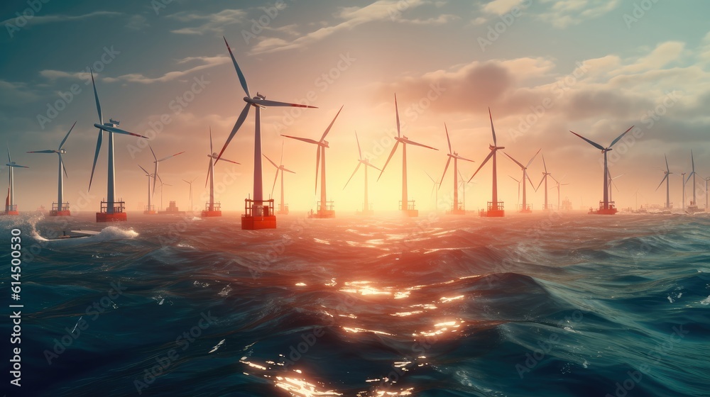 Wind turbines generator farm for renewable sustainable and alternative energy production along sea, 