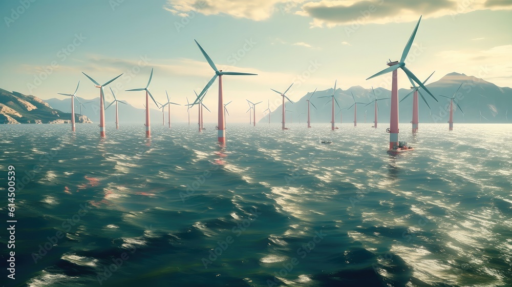 Windmills for electric power, Wind turbines farm in the sea, Windmill farm producing green energy.