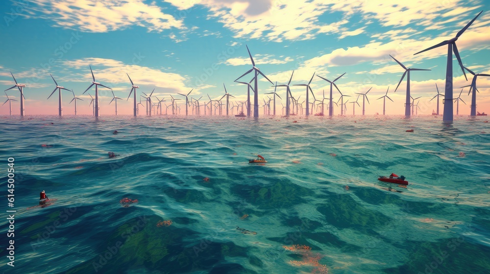 Floating wind turbines installed in sea, Alternative energy source, Concept of renewal energy source