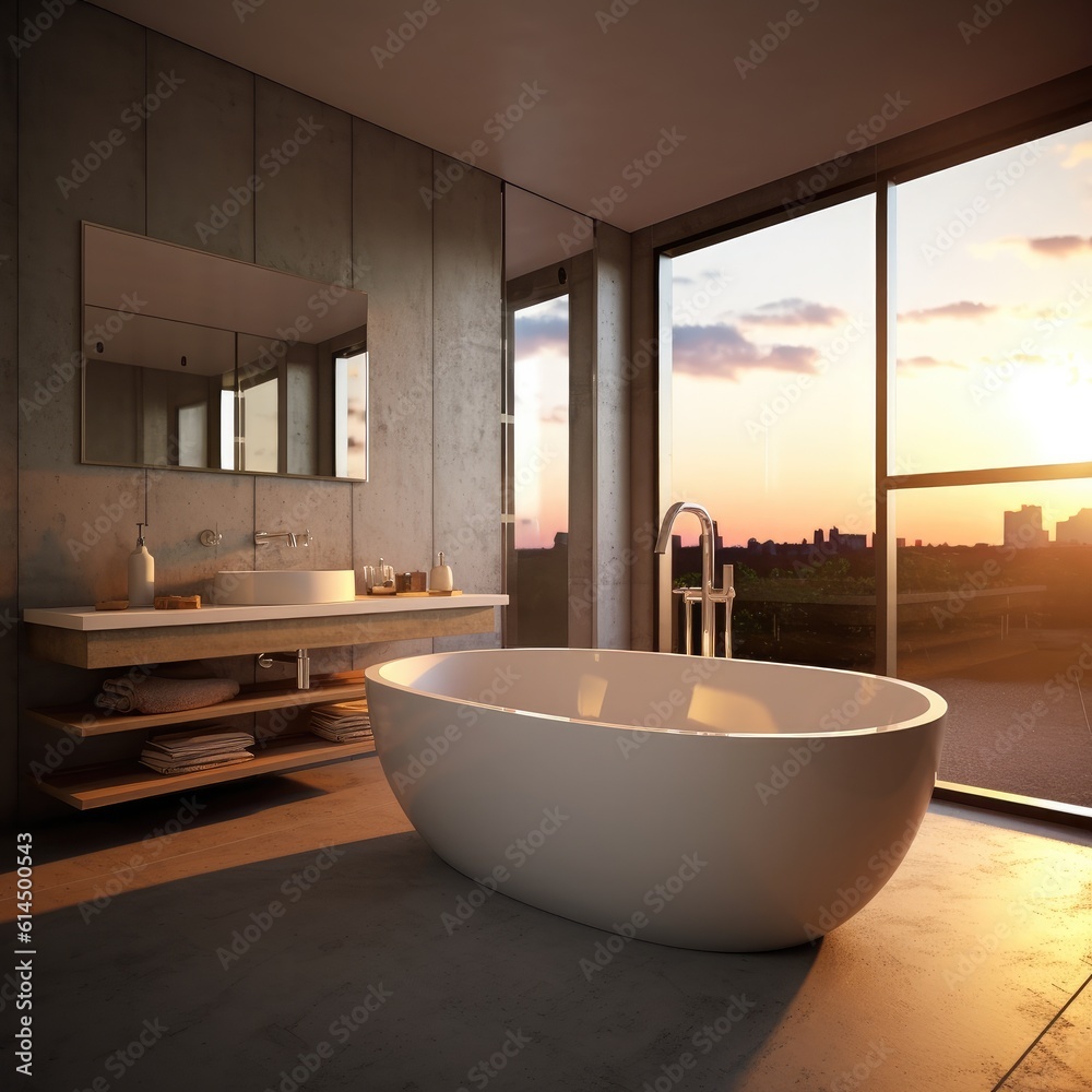 Modern gray bathroom with bathtub, Luxury bathroom interior design.