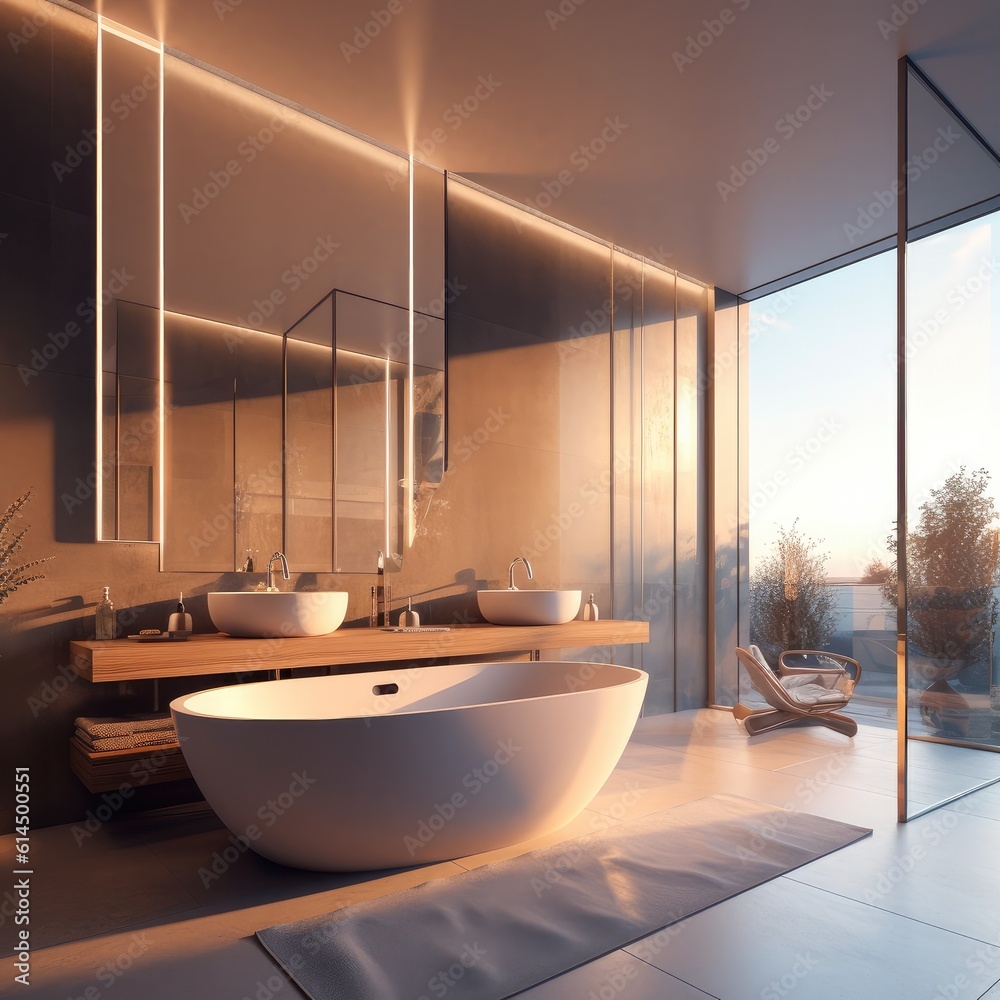 Minimal style bathroom, There have glass partition for shower zone, Natural light transmitted throug