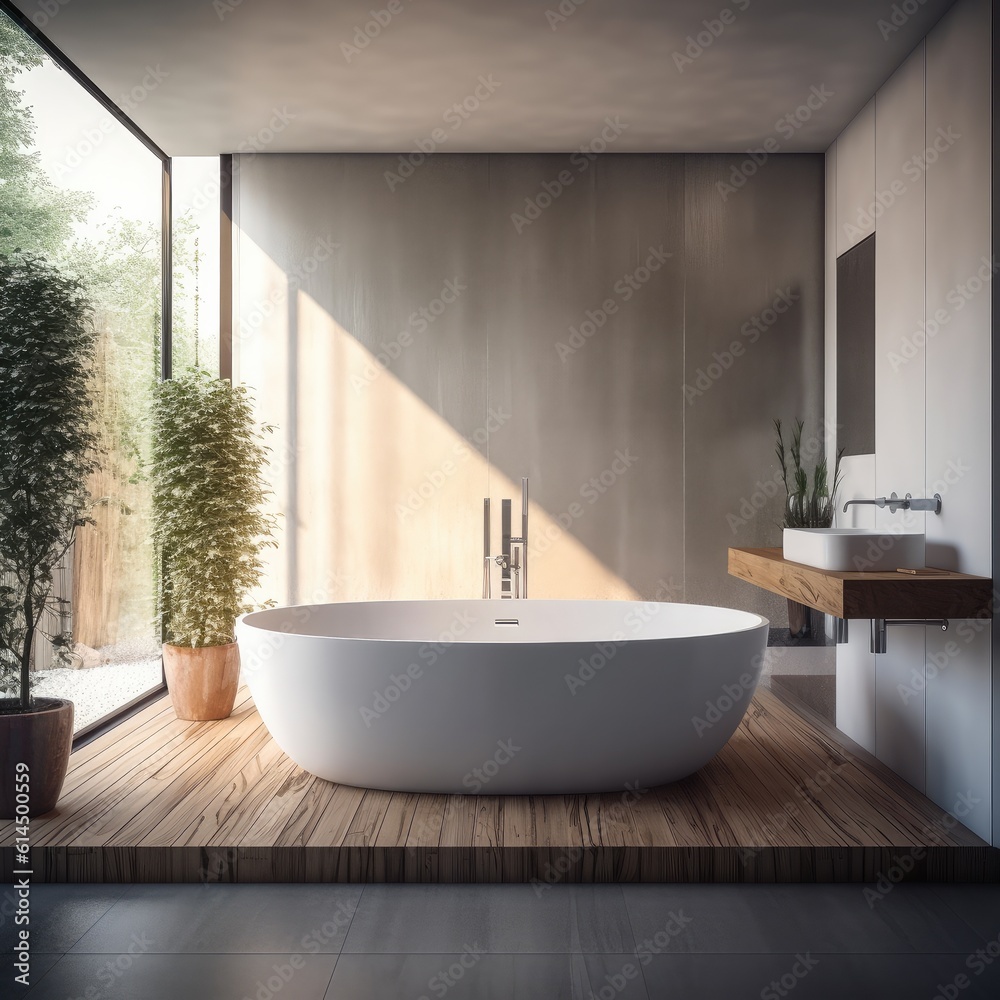 Bathroom with white bathtub and sinks and shower area, Minimalist design of modern bathroom.