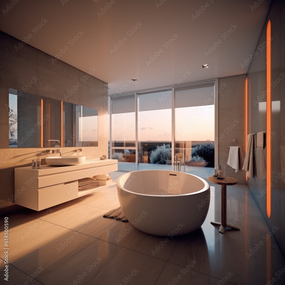 Modern gray bathroom with bathtub, Luxury bathroom interior design.