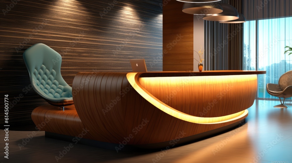 Reception desk and view of a modern luxury hotel.