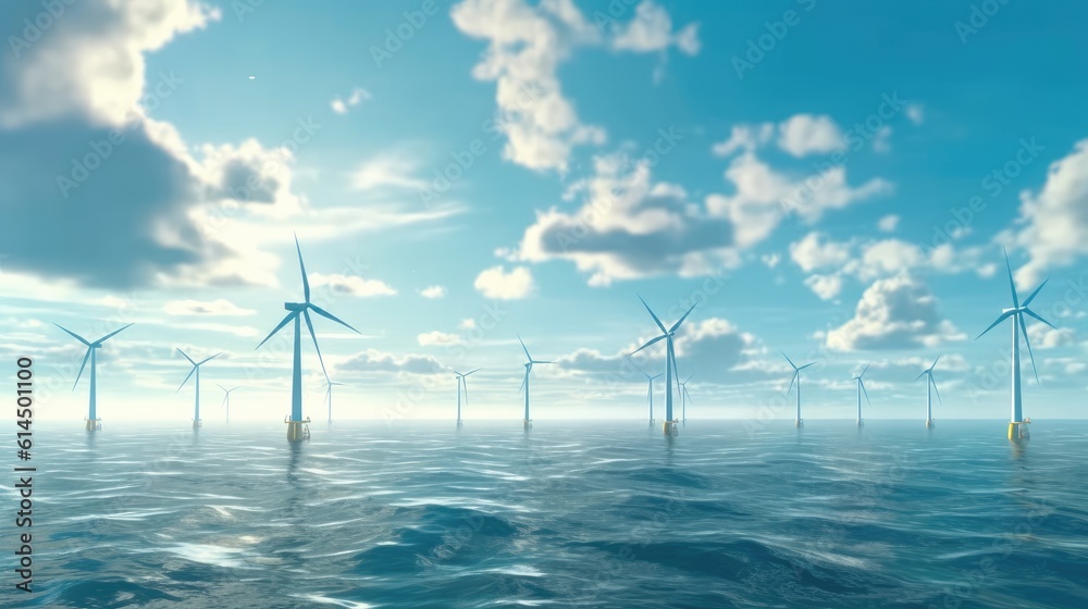 Windmills for electric power, Wind turbines farm in the sea, Windmill farm producing green energy.