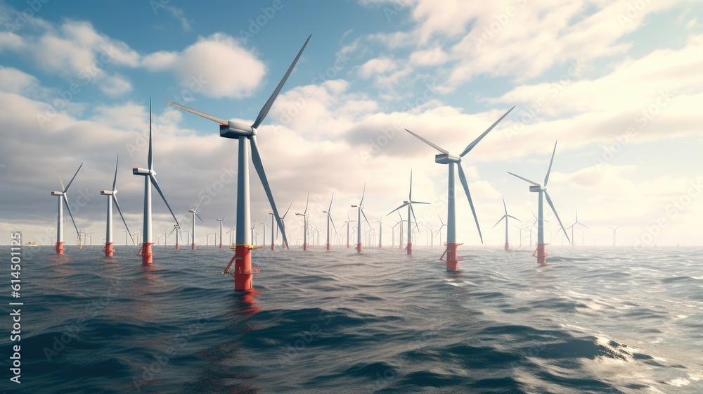 Floating wind turbines installed in sea, Alternative energy source, Concept of renewal energy source