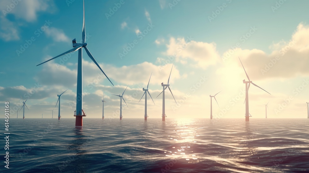 Windmills for electric power, Wind turbines farm in the sea, Windmill farm producing green energy.