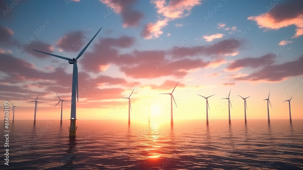 Wind turbines generator farm for renewable sustainable and alternative energy production along sea, 