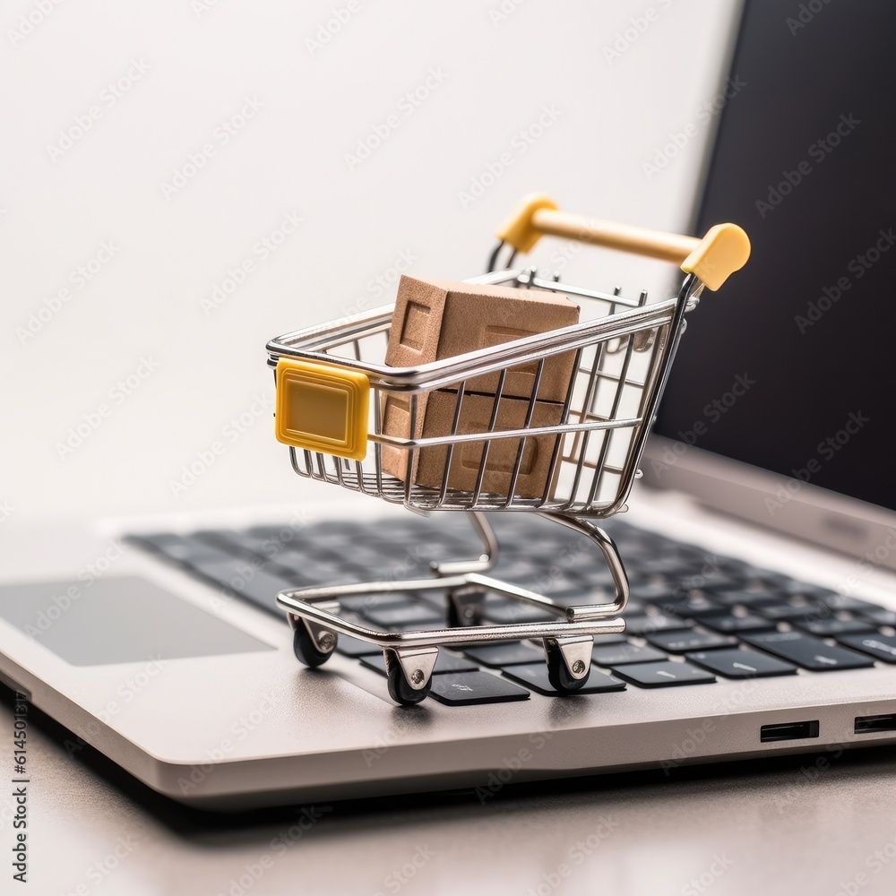 Paper shopping small box express in a shopping cart and laptop notebook on white background, Online 