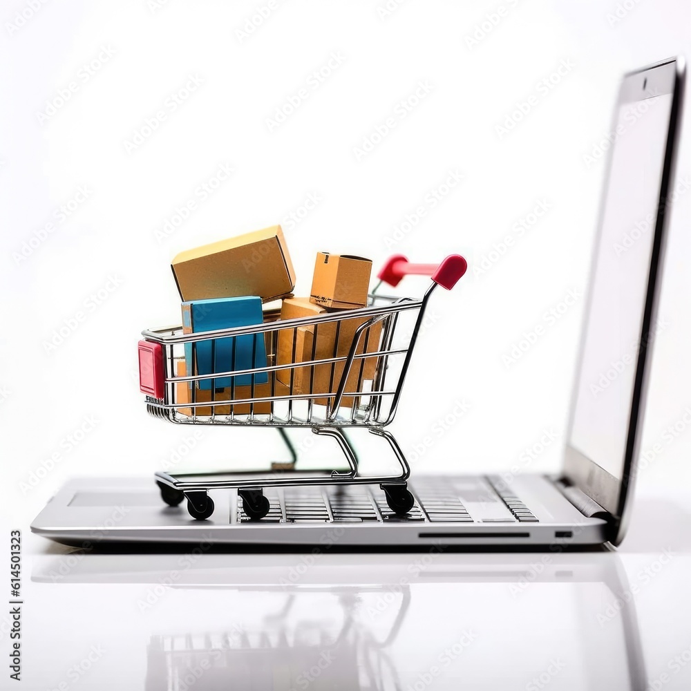 Online shopping and e-commerce with laptop and shopping cart, Concepts about online shopping that co