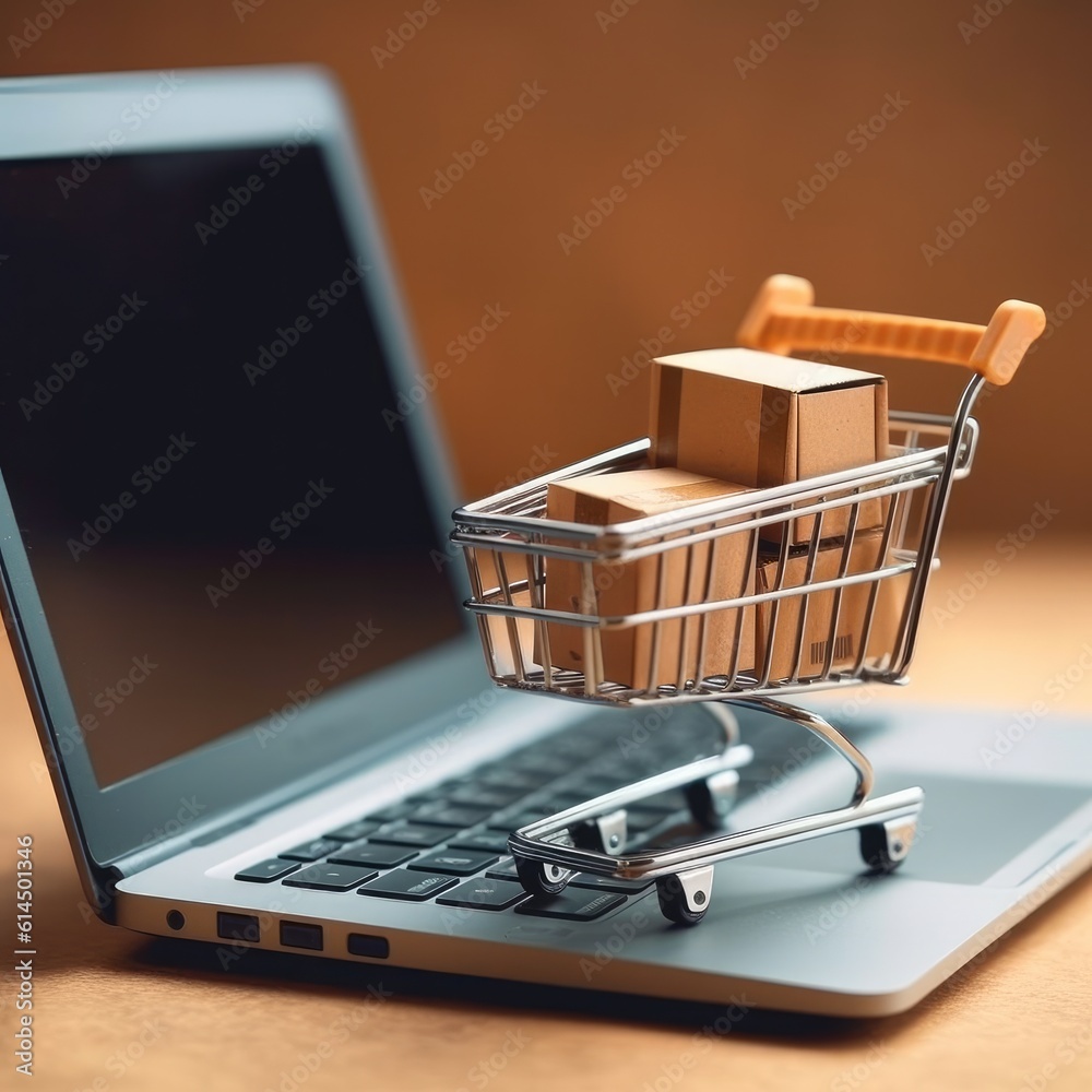 Paper shopping small box express in a shopping cart and laptop notebook on white background, Online 