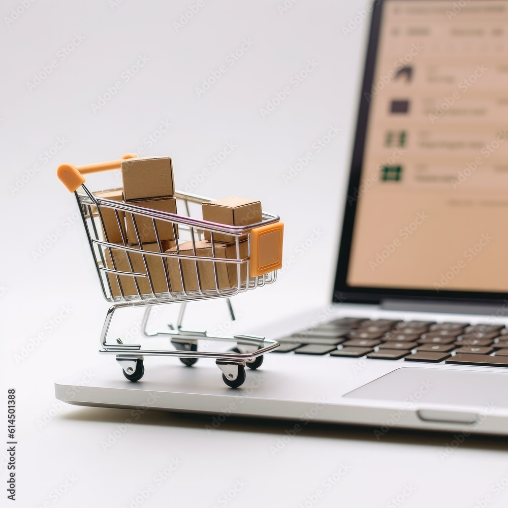 Paper shopping small box express in a shopping cart and laptop notebook on white background, Online 