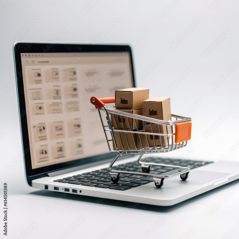 Online shopping and e-commerce with laptop and shopping cart, Concepts about online shopping that co