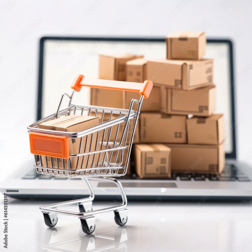 Paper shopping small box express in a shopping cart and laptop notebook on white background, Online 