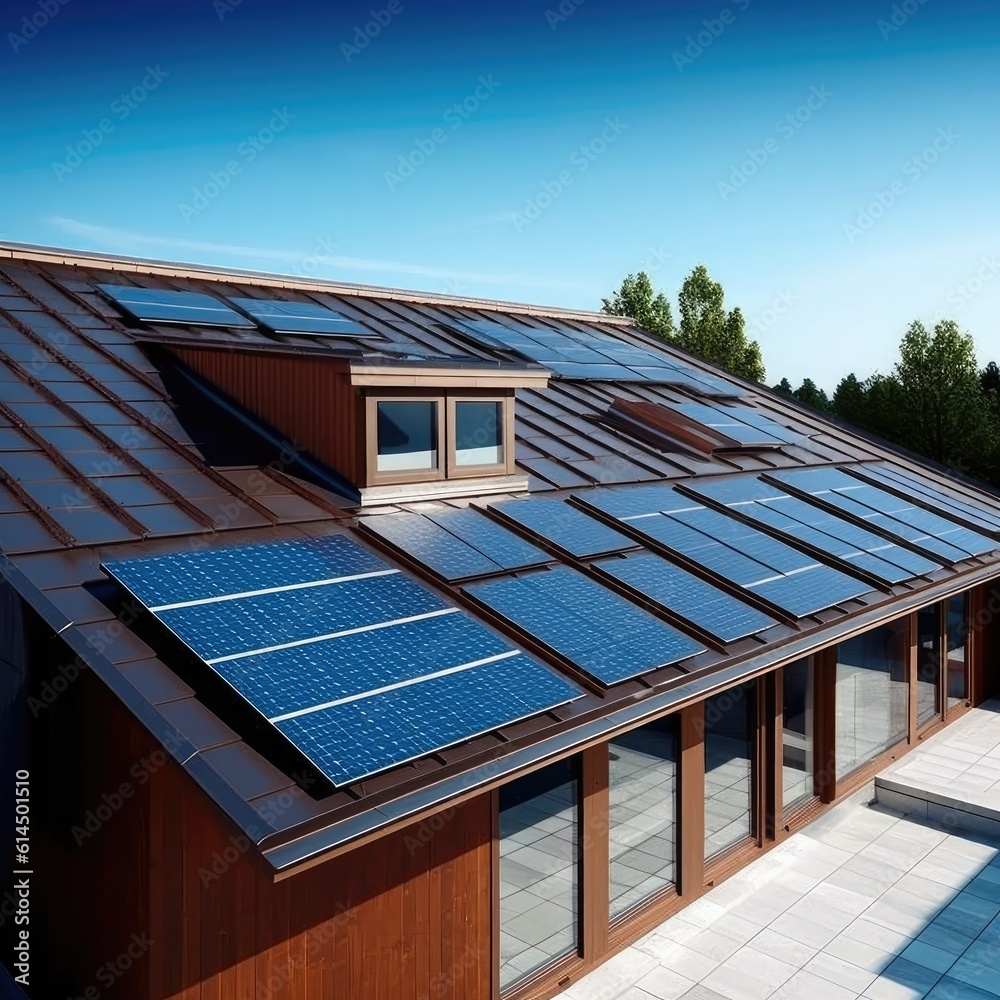 Modern residential with solar panels on the roof, Renewable energy concept.