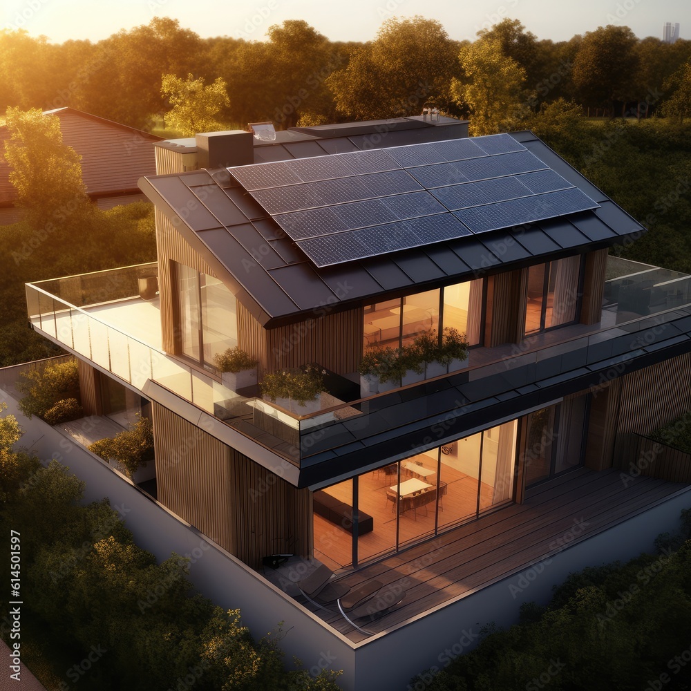 Modern residential with solar panels on the roof, Renewable energy concept.