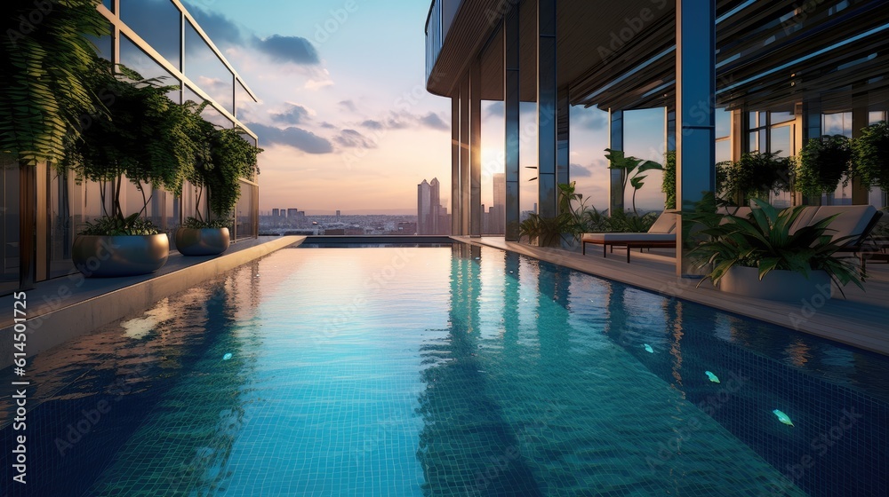 Swimming pool in a modern condominium residential complex.