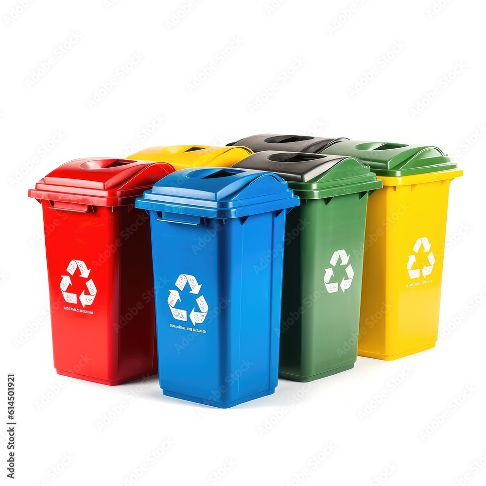 Yellow, green, blue and red recycle bins with recycle symbol on white background.