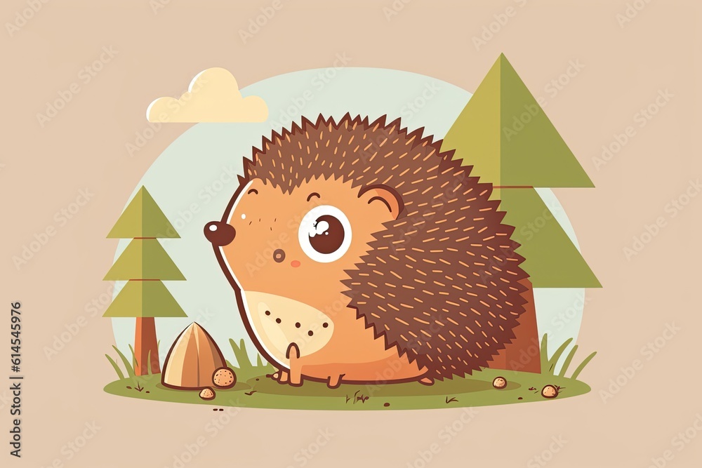 cute hedgehog sitting beside a tree in a grassy field. Generative AI