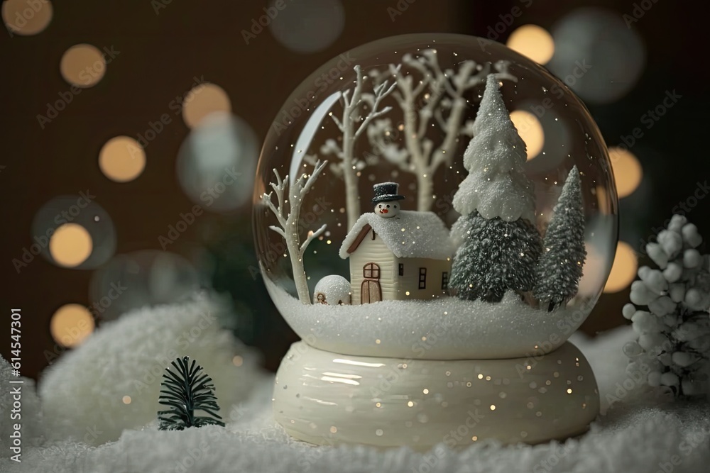 winter wonderland snow globe with a cozy house and snow-covered trees. Generative AI