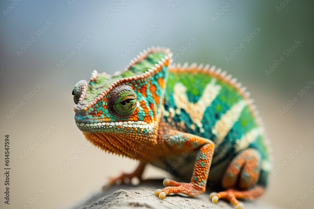 close up view of a colorful lizard basking on a rocky surface. Generative AI