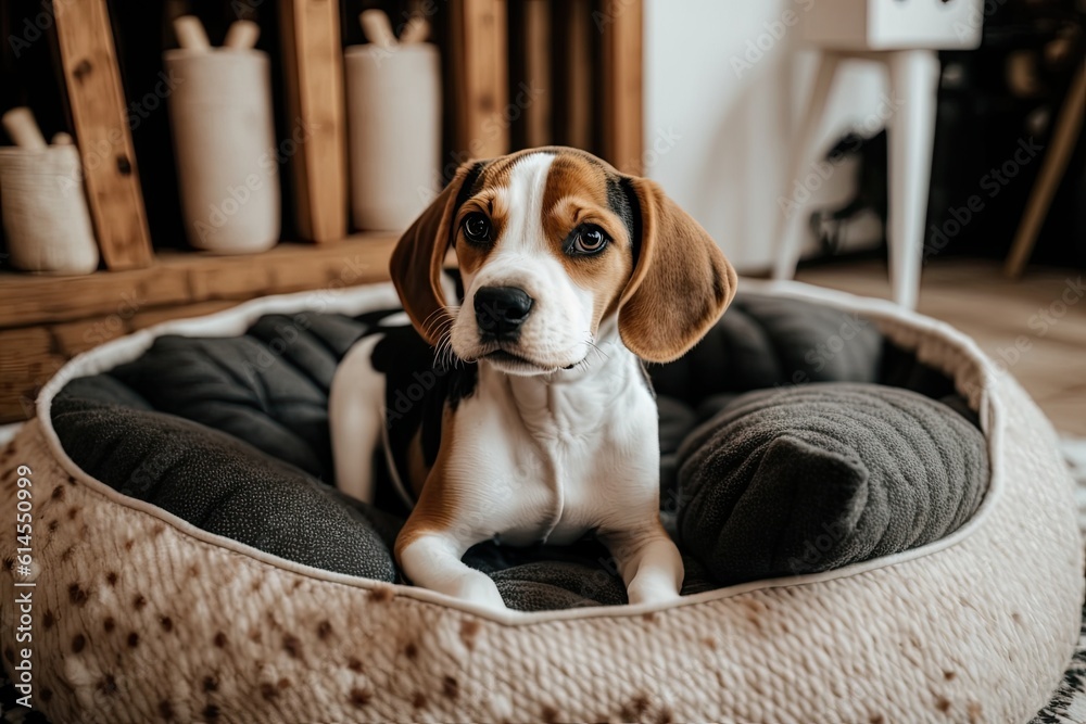 cute beagle puppy relaxing in a cozy dog bed. Generative AI