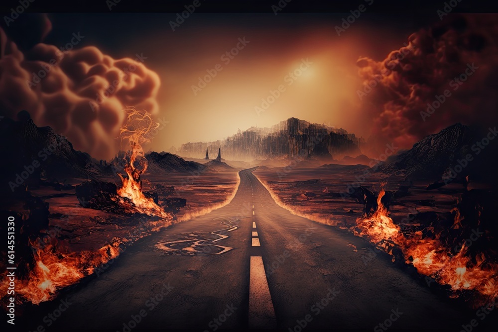 long road surrounded by flames and fire. Generative AI