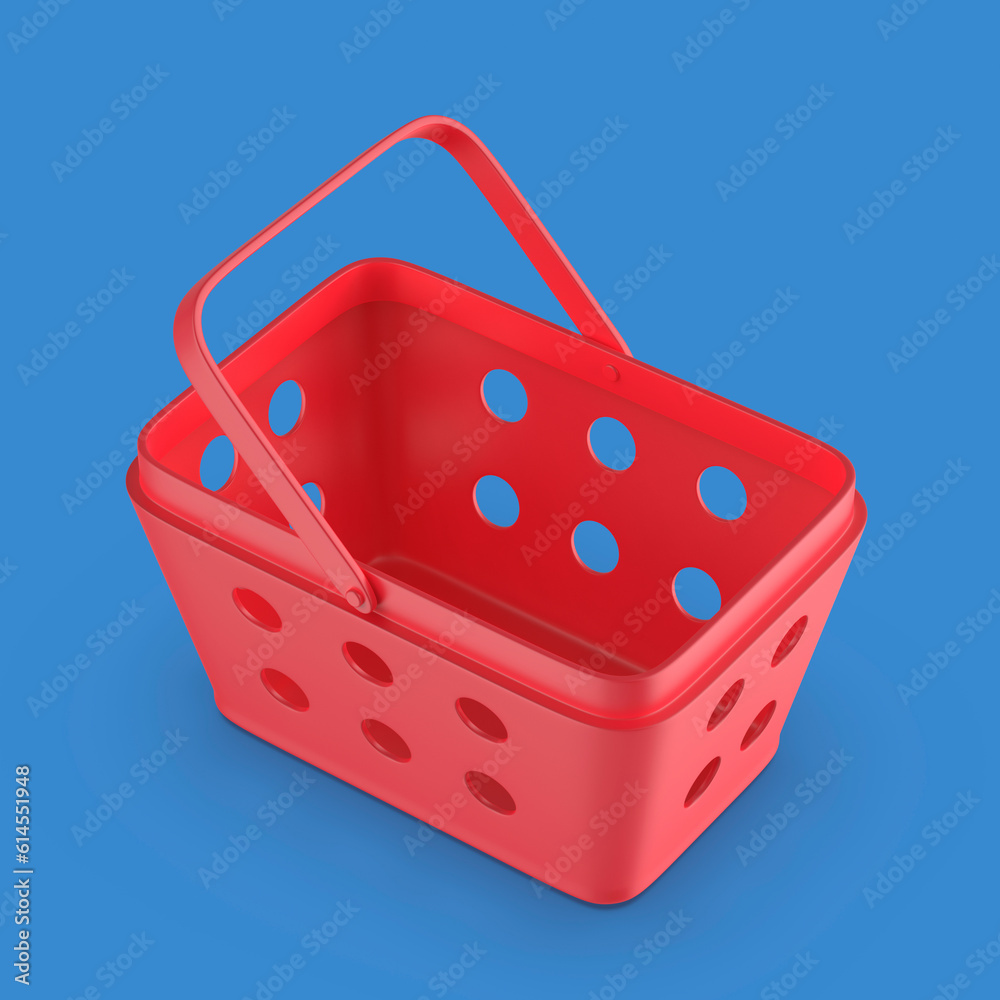 Empty plastic shopping basket on blue background