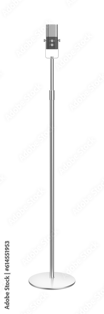 Silver audio microphone on stand on transparent background