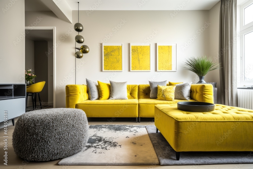 cozy living room with a vibrant yellow couch and stylish furniture. Generative AI