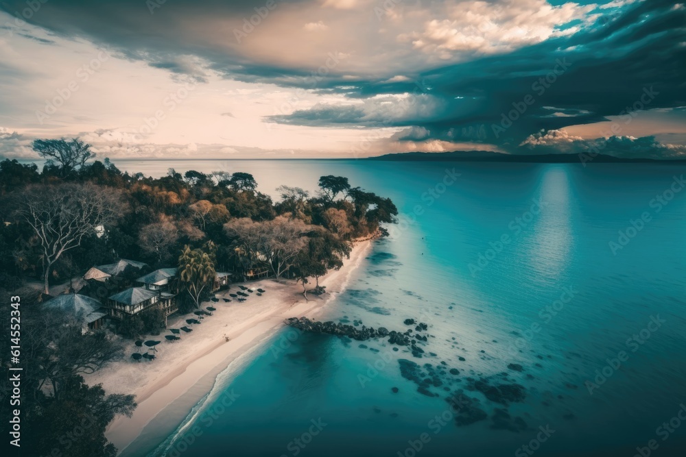 aerial view of a tropical island and its surrounding beach paradise. Generative AI