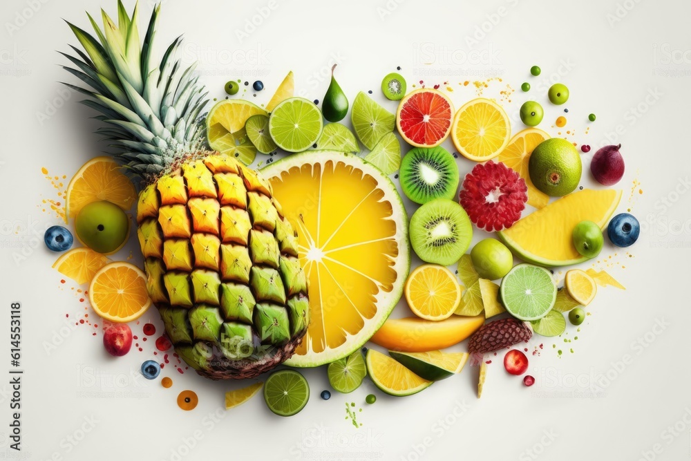 colorful assortment of fresh fruits arranged on a wooden table. Generative AI