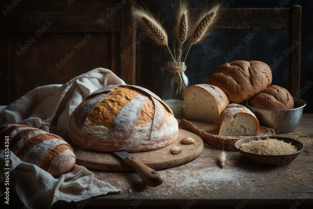 rustic wooden table filled with an assortment of freshly baked bread. Generative AI