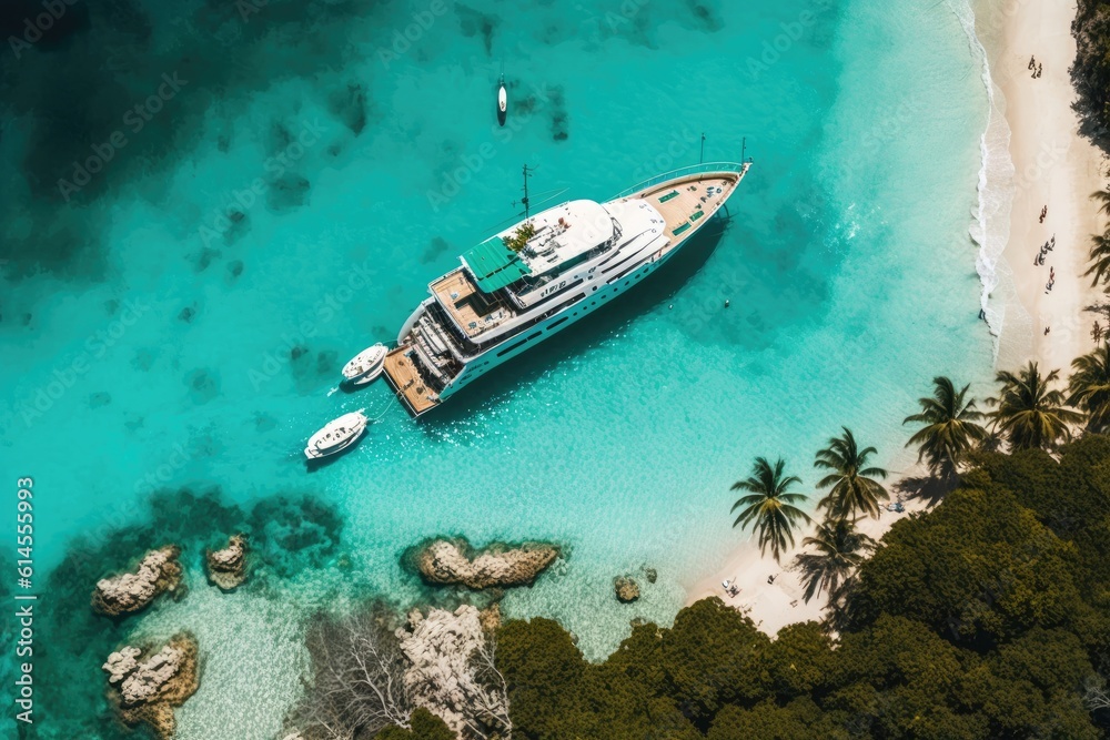 aerial view of a boat floating on the water surfac. Generative AI