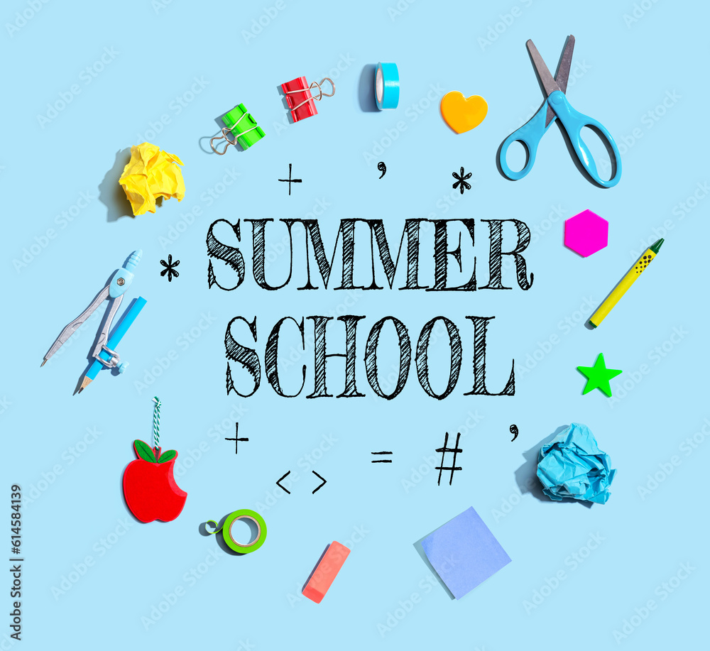 Summer School theme with school supplies overhead view - flat lay