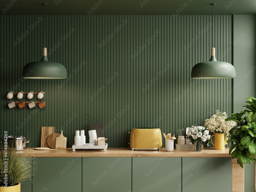 Green kitchen room and minimalist interior design on mockup wood slat wall.