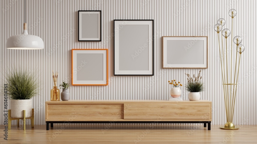 Mockup photo frame wooden slat white wall mounted on the wooden cabinet.